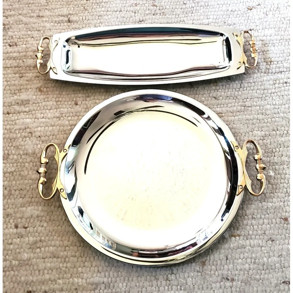 2 VTG Kromex Chrome Serving Trays Gold Handles‎ Mid Century Modern Round Oblong
